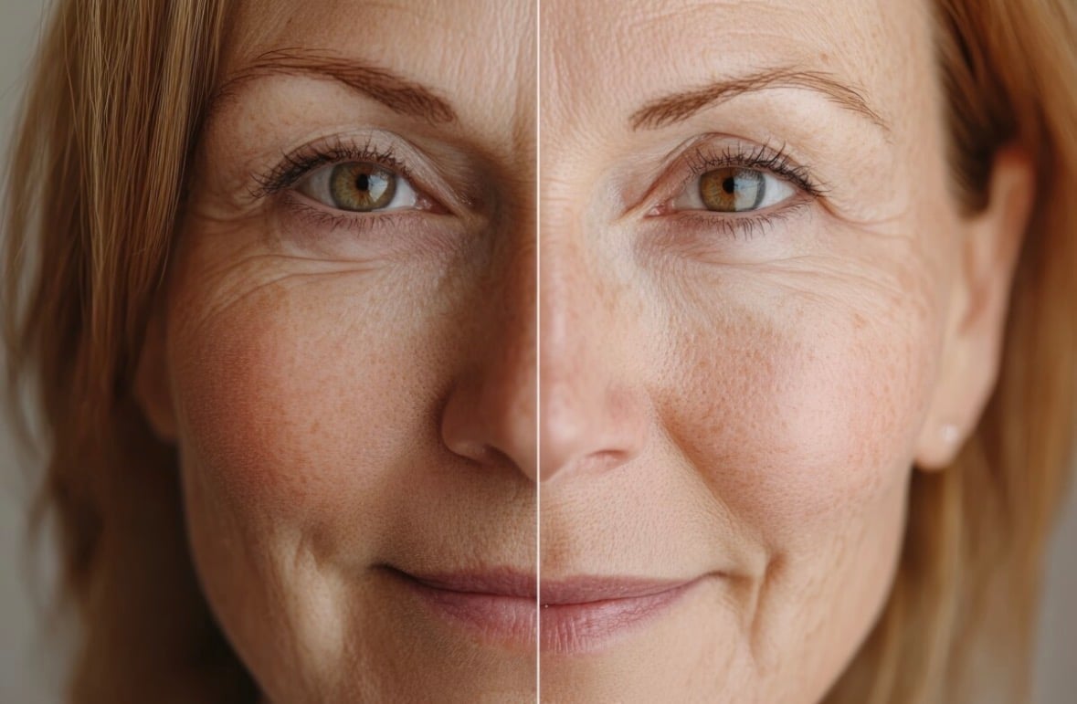 Before and after split-screen comparison of a womans face showing skin rejuvenation treatment results